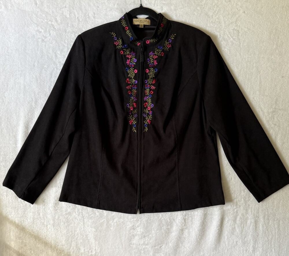 Notations Woman 1X Embroidered Jacket Black Floral Zip Front Boho Cottagecore